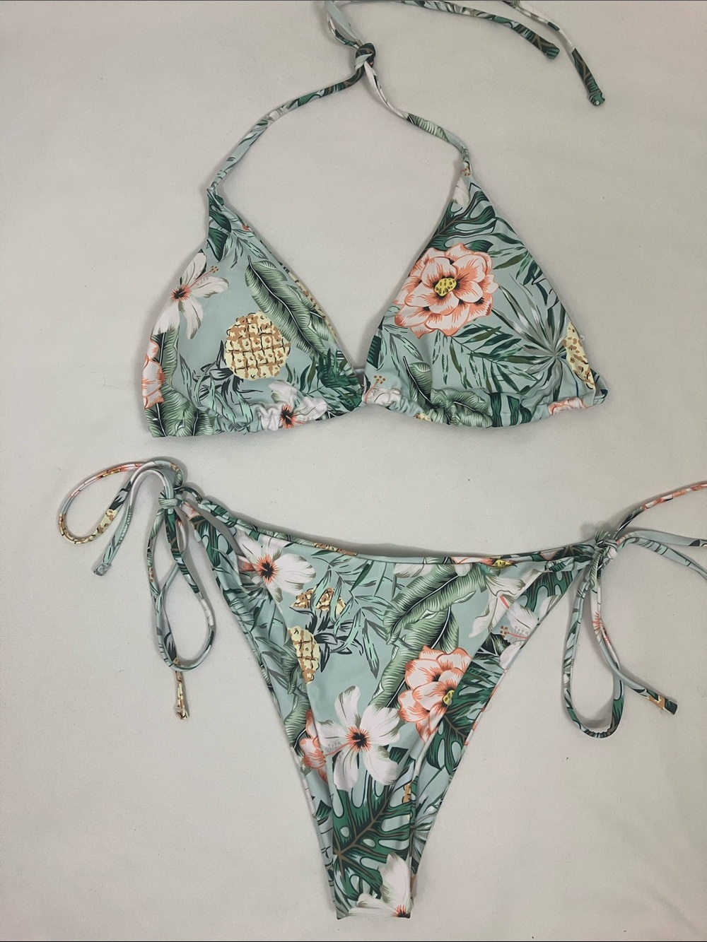 Green Tropical Floral Print Two Piece Bikini Set Women’s Size Xtra Large